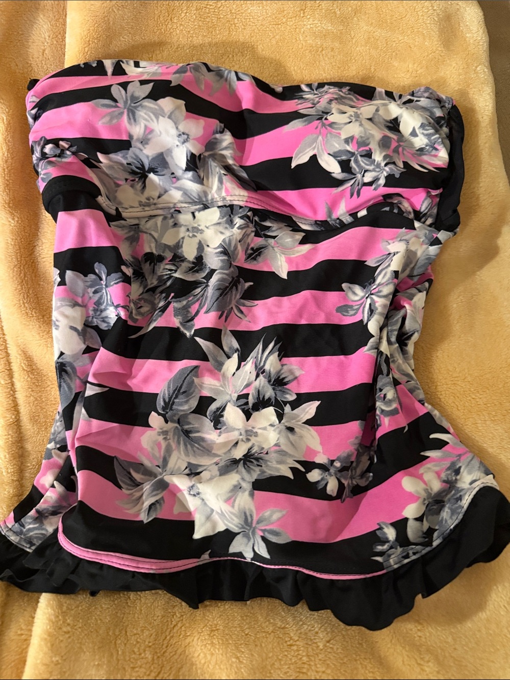 Striped Pink & Black Floral Strapless Tankini Swim Top